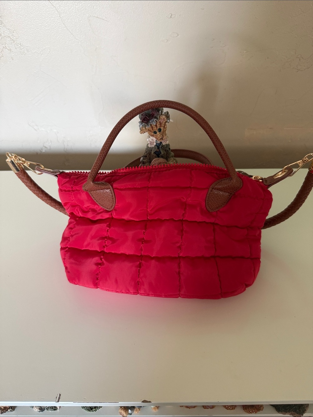 Quilted Red Top-Handle Women's Handbag with Brown Trim